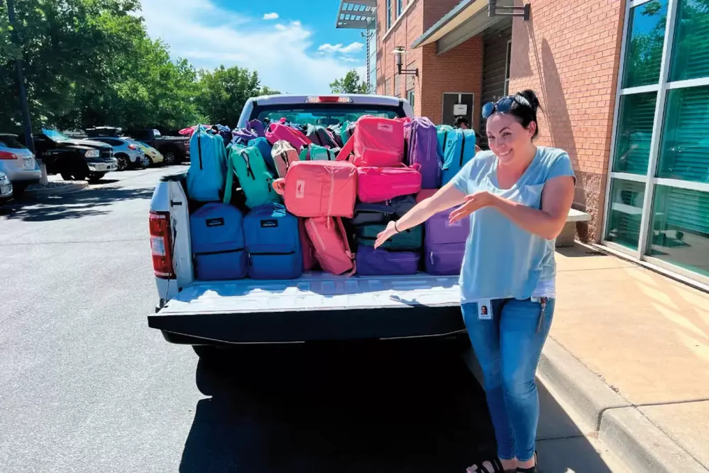 Photo of a pickup truck filled with school supplies