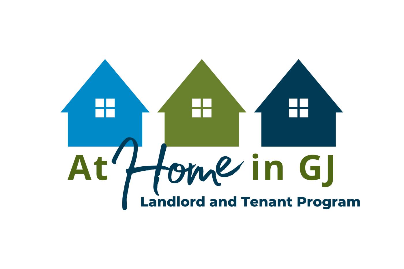Three colored houses above the text "At Home in GJ, Landlord and Tenant Program"